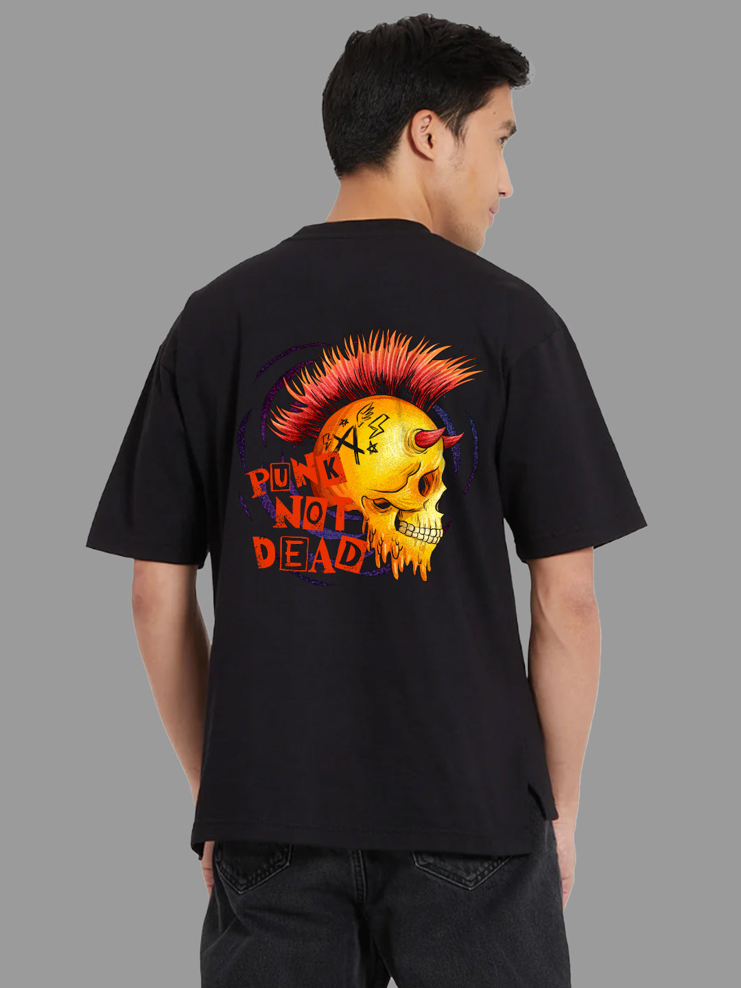 Broon Men Black Printed Oversize Round Neck T-Shirt