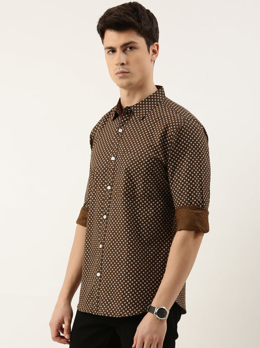 Men Brown Printed Pure Cotton Full Sleeve Casual Shirt