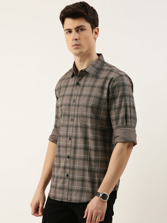 Men Grey Checked Pure Cotton Full Sleeve Casual Shirt