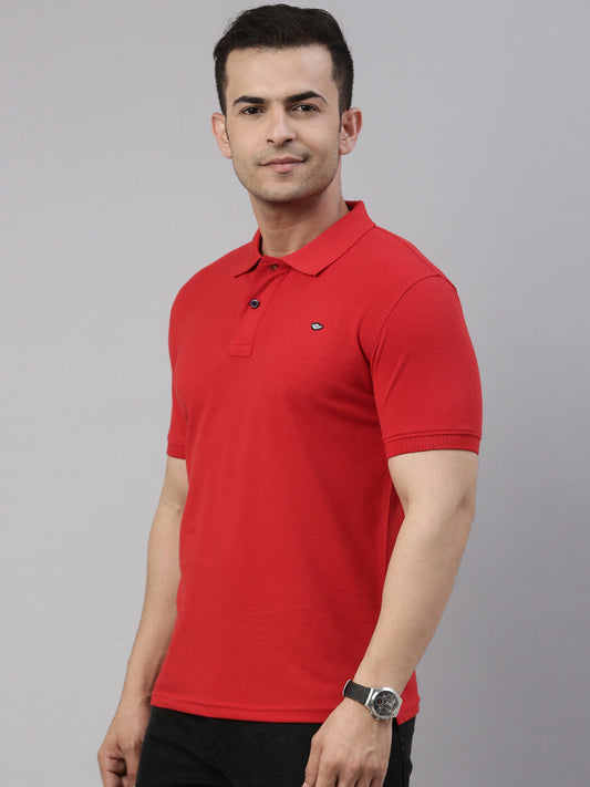 Men Red Solid Polo Collar T-shirt