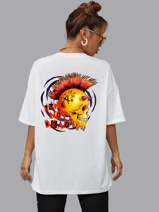 Broon Women Printed Oversize Round Neck White T-Shirt