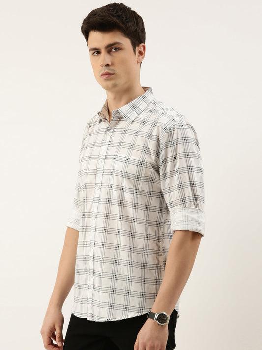 Men White Checked Pure Cotton Full Sleeve Casual Shirt