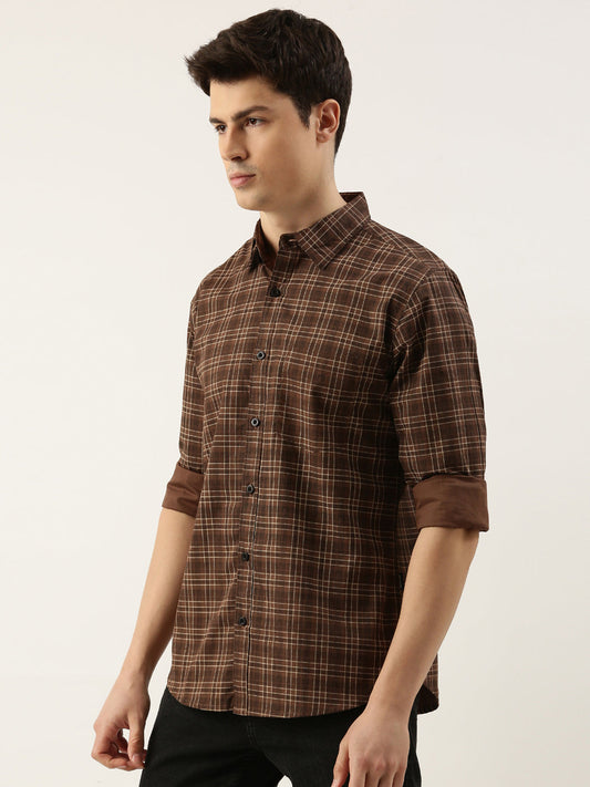 Men Brown Checked Pure Cotton Full Sleeve Casual Shirt