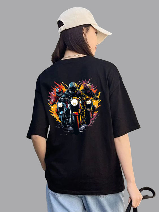 Broon Women Printed Oversize Round Neck Black T-Shirt