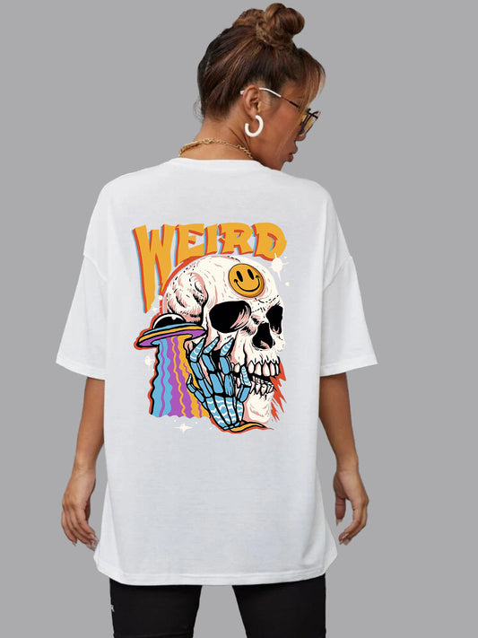 Broon Women Printed Oversize Round Neck White T-Shirt