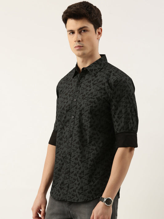 Men Black Printed Pure Cotton Full Sleeve Casual Shirt