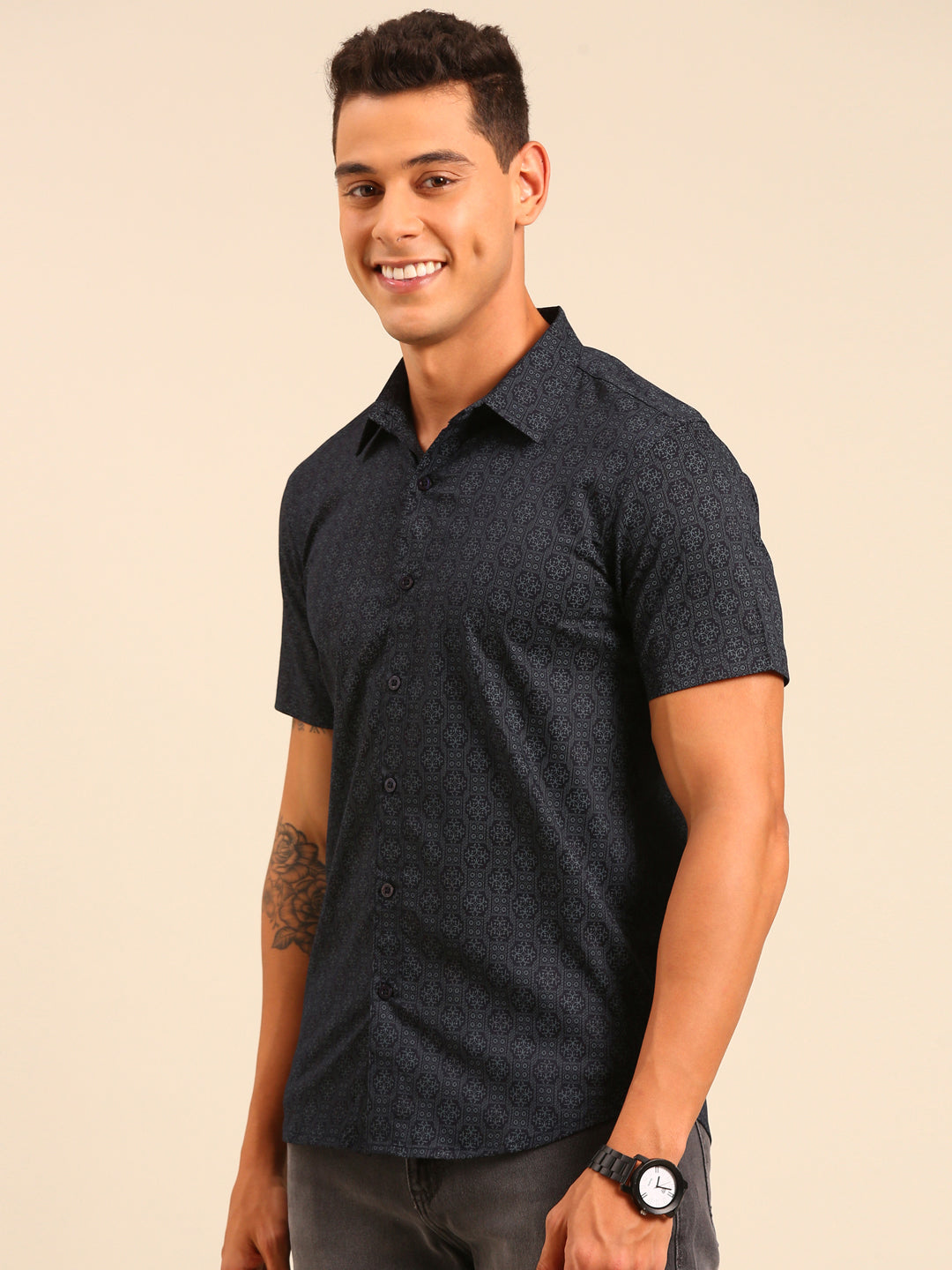 JOVEN Men Navy Blue Printed Casual Lycra Shirt ( No Returns )