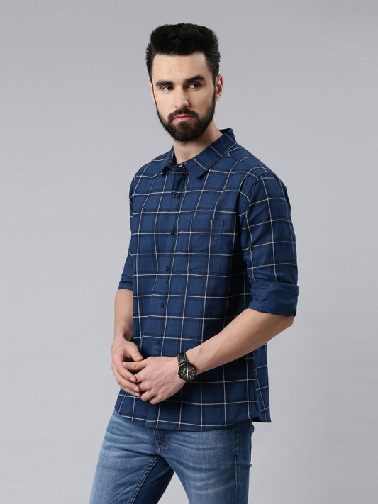 Navy Blue Checked Pure Cotton Casual Full Sleeve Shirt