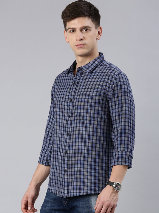 Men Grey and Navy Blue Checked Cotton Blend Casual Full Sleeve Shirt