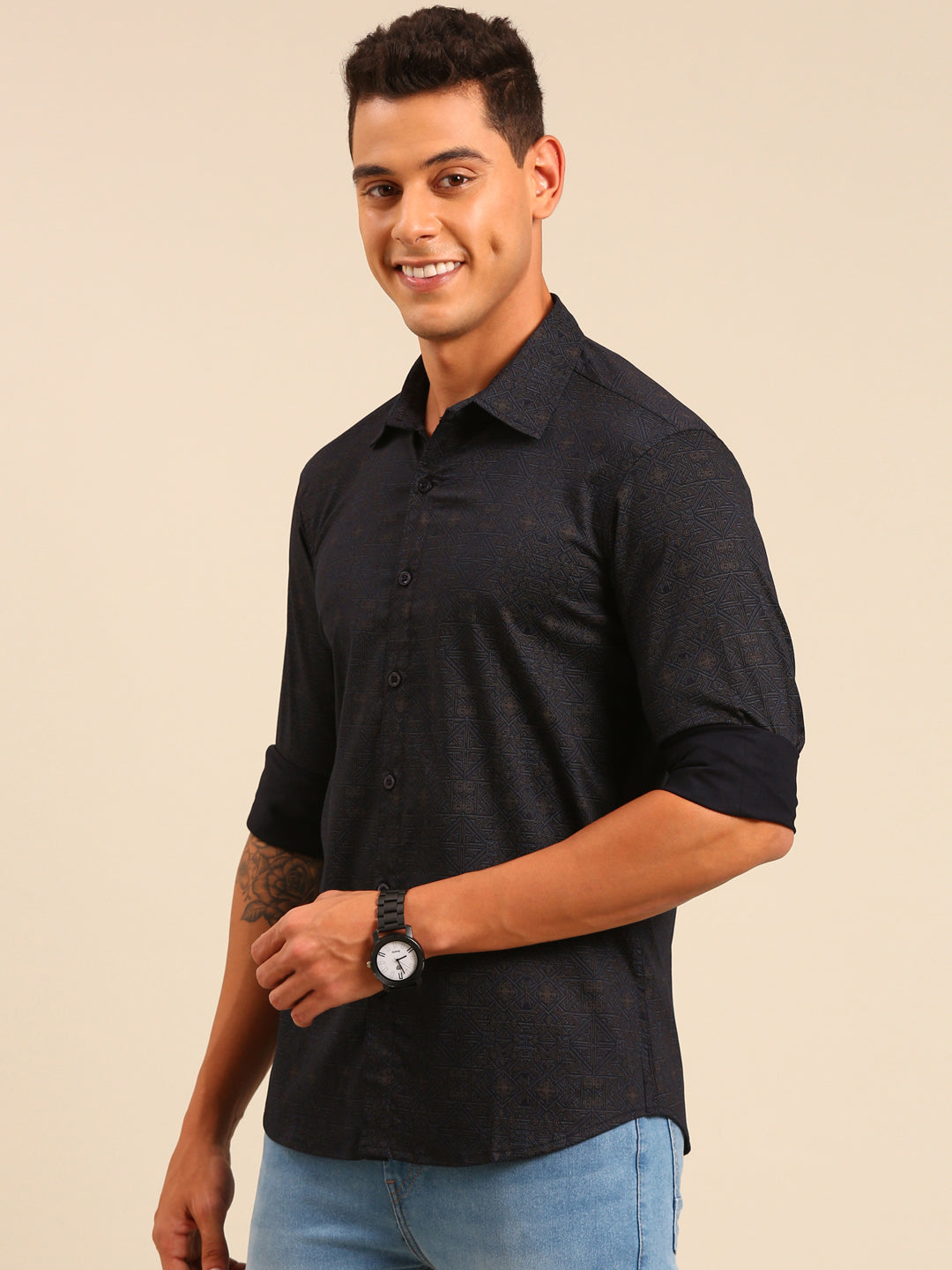 JOVEN Men Navy Blue Printed Casual Full Sleeve Lycra Shirt ( No Returns )