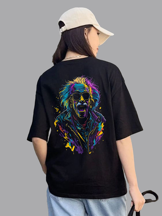 Broon Women Printed Oversize Round Neck Black T-Shirt