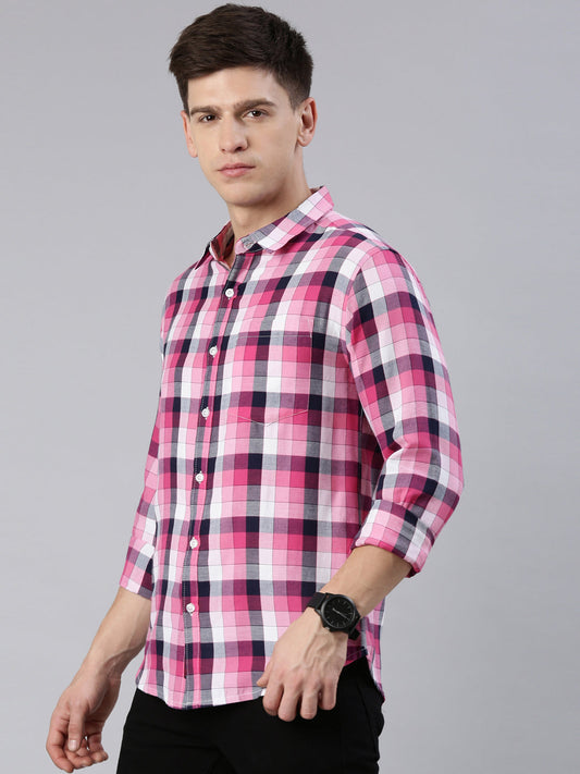 Men Pink and White Checked Cotton Blend Casual Full Sleeve Shirt