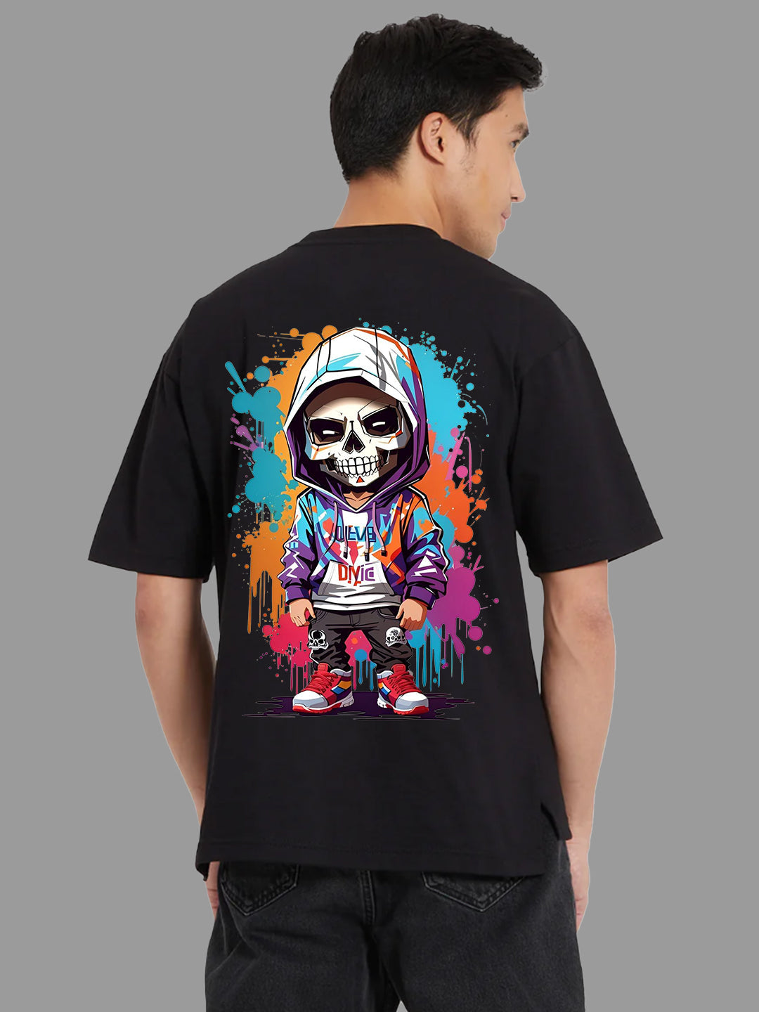 Broon Men Black Printed Oversize Round Neck T-Shirt