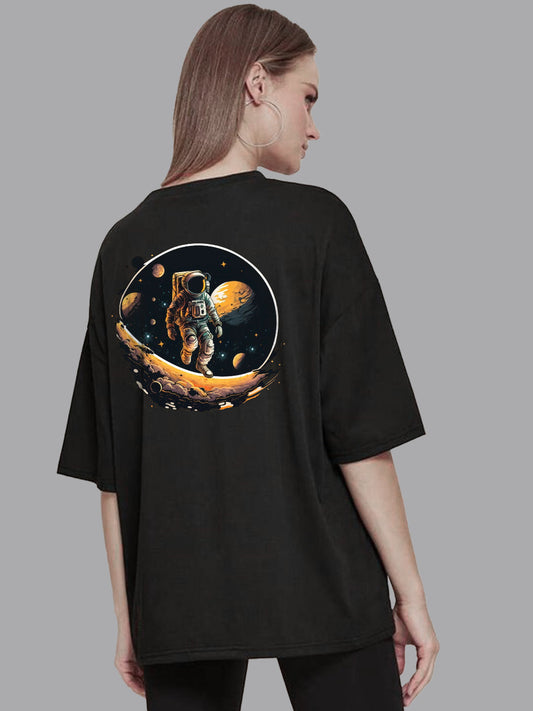 Broon Women Printed Oversize Round Neck Black T-Shirt