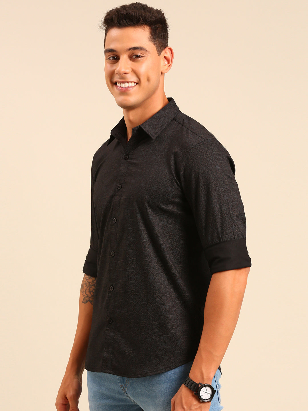 JOVEN Men Black Printed Casual Full Sleeve Lycra Shirt ( No Returns )