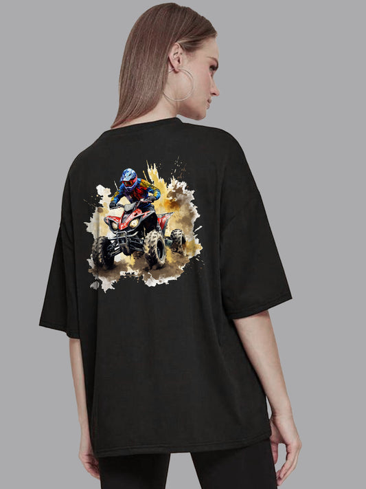 Broon Women Printed Oversize Round Neck Black T-Shirt