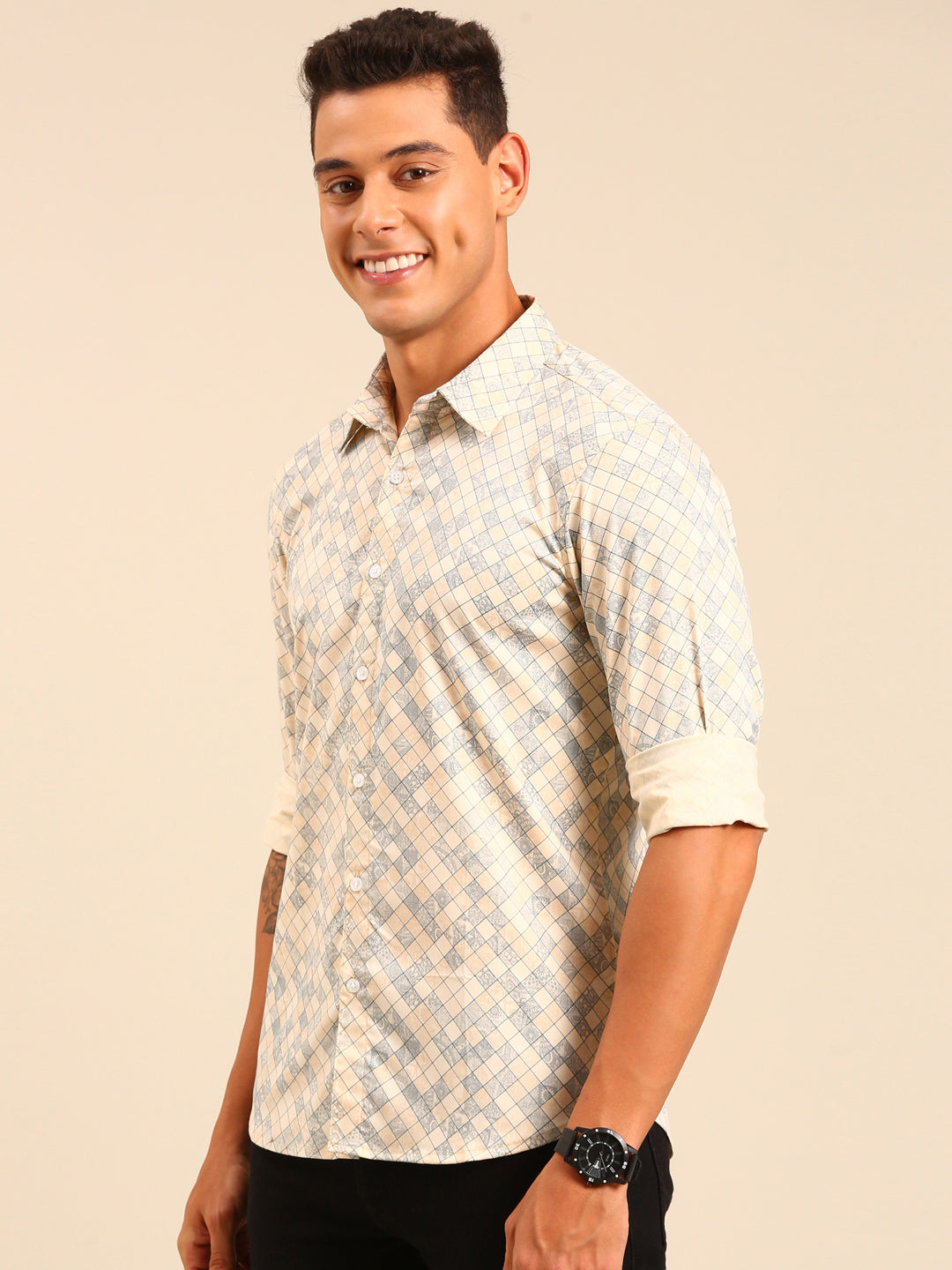 JOVEN Men Beige Printed Casual Full Sleeve Lycra Shirt ( No Returns )