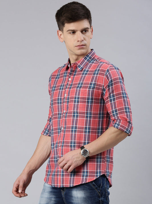 Men Navy and Red Checked Cotton Blend Casual Full Sleeve Shirt