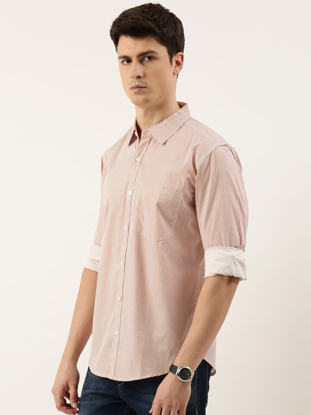 Men Rust Striped Pure Cotton Full Sleeve Casual Shirt