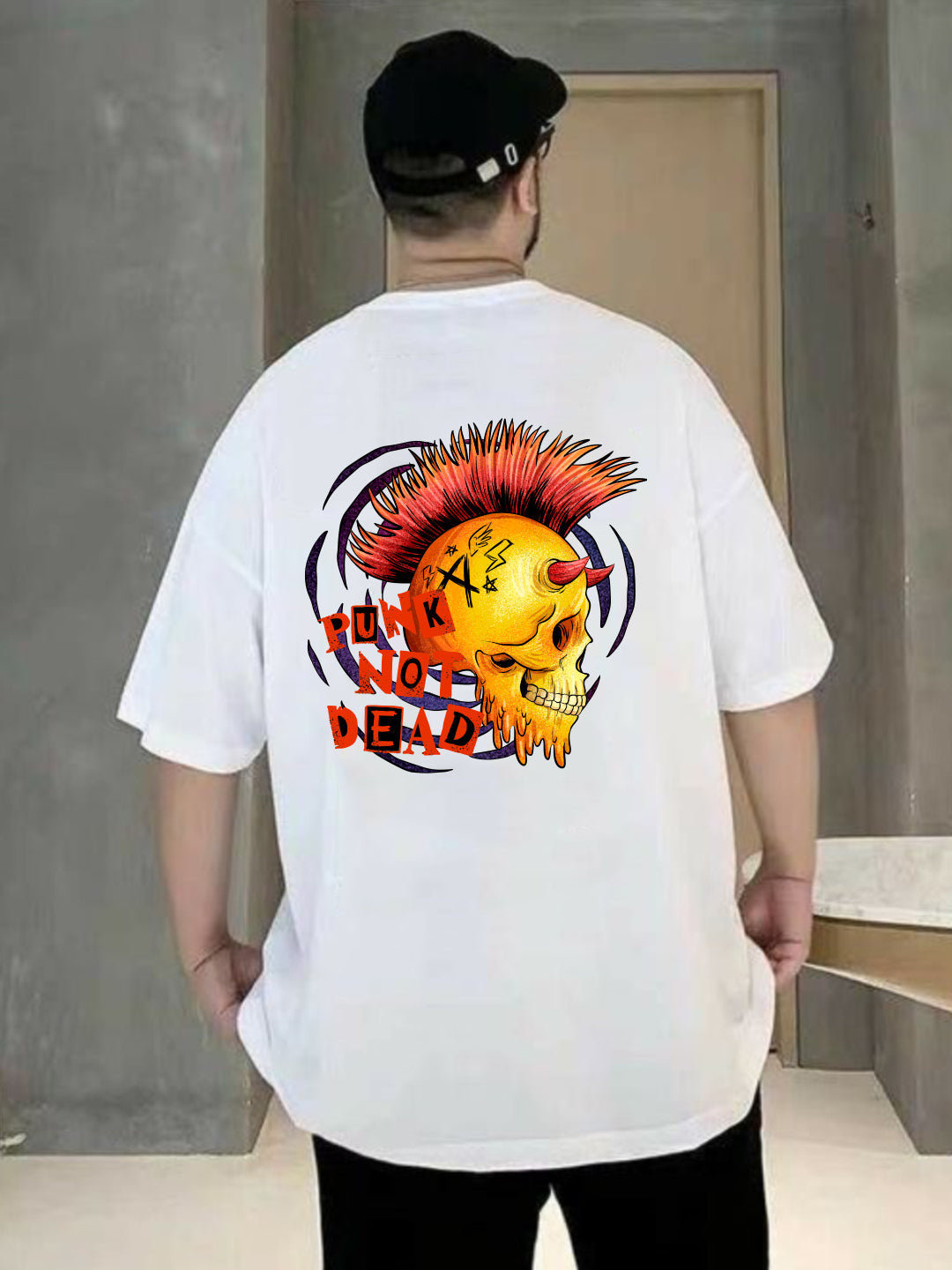 Broon Men White Printed Oversize Round Neck T-Shirt