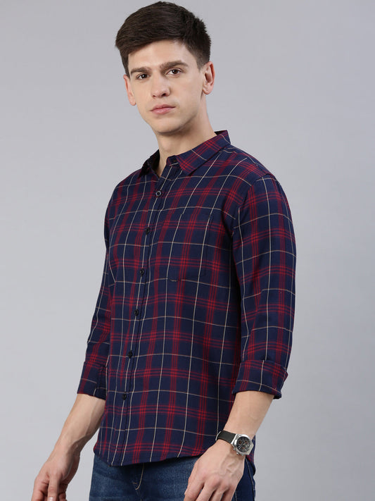 Men Navy Blue and Red Checked Cotton Blend Casual Full Sleeve Shirt
