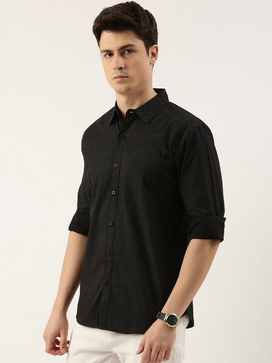 Men Black Printed Pure Cotton Full Sleeve Casual Shirt