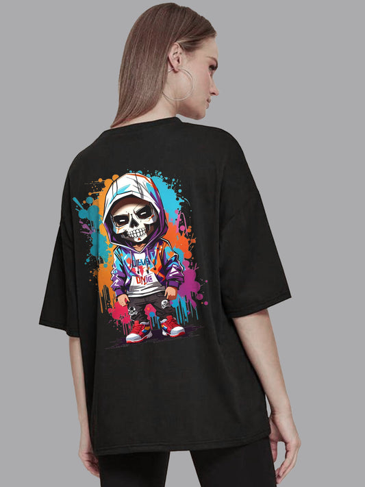 Broon Women Printed Oversize Round Neck Black T-Shirt