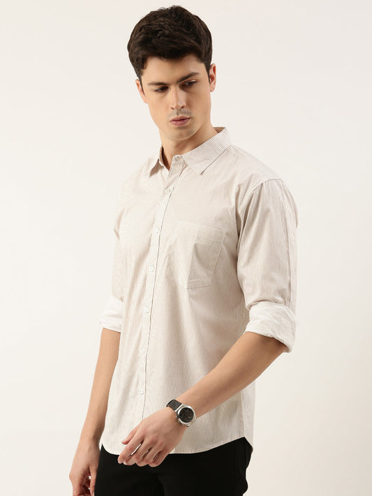 Men Grey Striped Pure Cotton Full Sleeve Casual Shirt