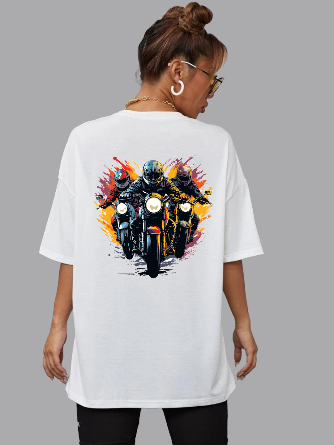 Broon Women Printed Oversize Round Neck White T-Shirt