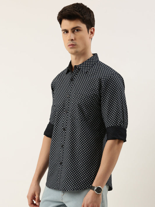 Men Navy Blue Printed Pure Cotton Full Sleeve Casual Shirt