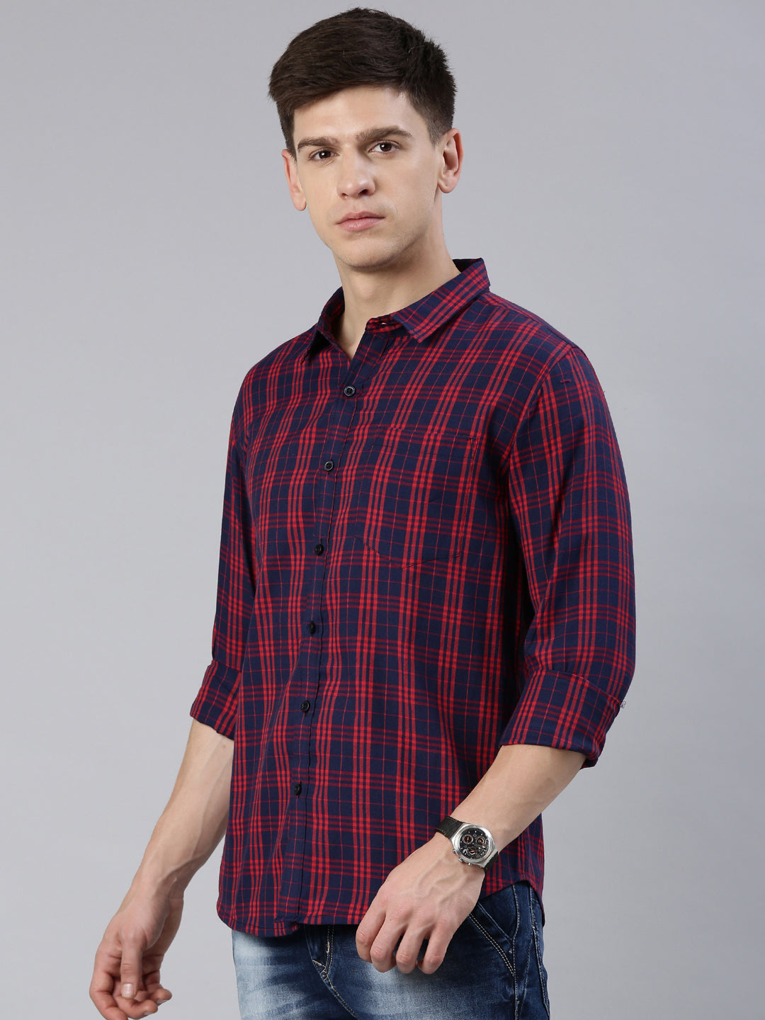 Men Red and Navy Blue Checked Cotton Blend Casual Full Sleeve Shirt