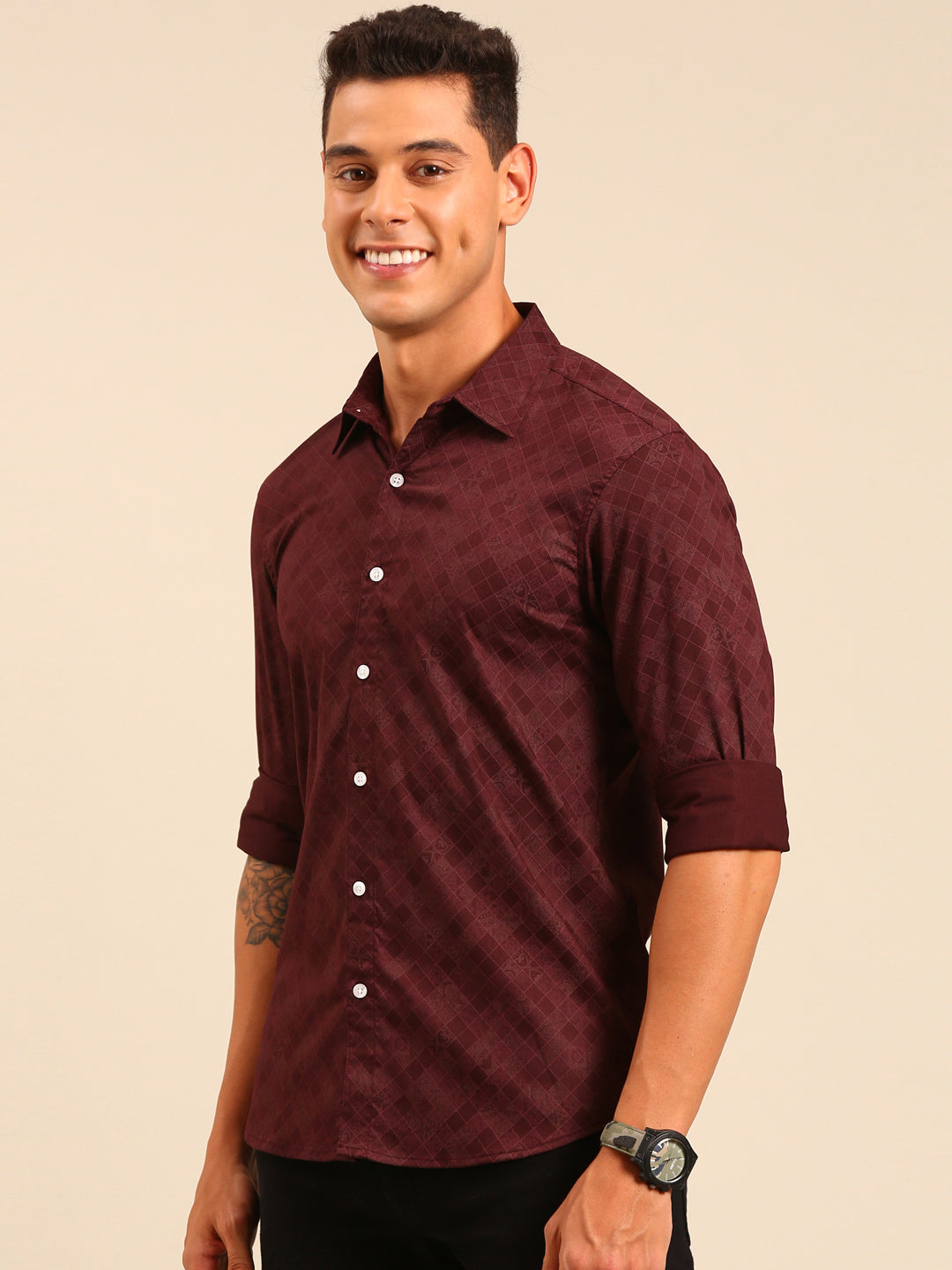 JOVEN Men Maroon Printed Casual Full Sleeve Lycra Shirt ( No Returns )