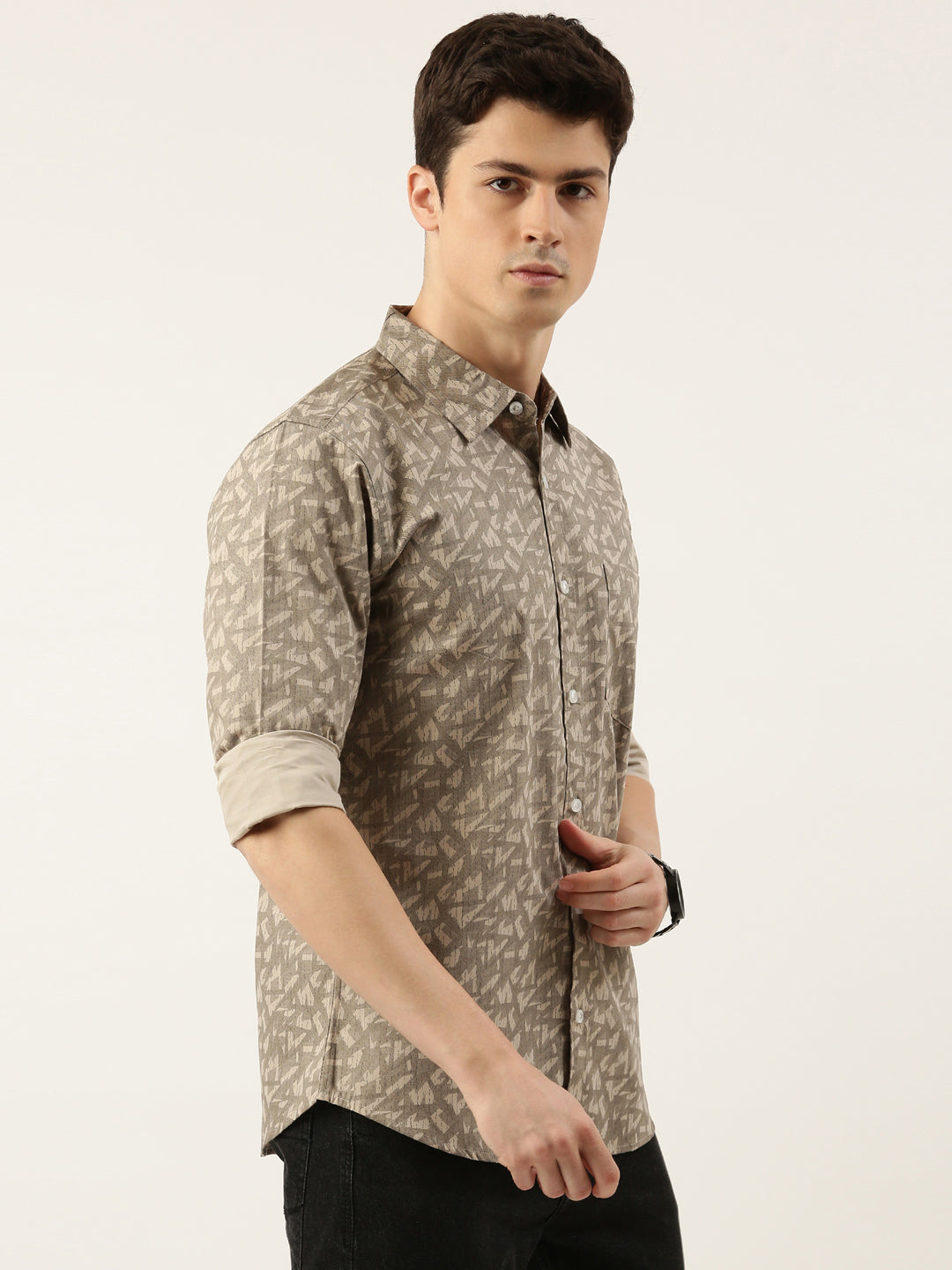Men Beige Printed Pure Cotton Full Sleeve Casual Shirt