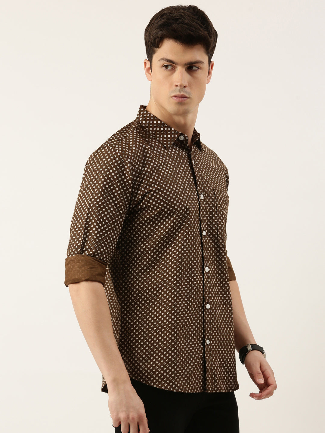 Men Brown Printed Pure Cotton Full Sleeve Casual Shirt