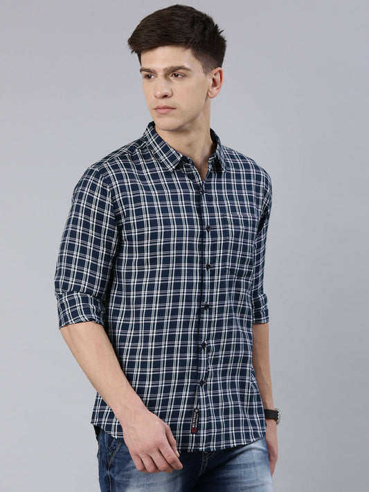 Men Dark Blue Checked Cotton Blend Casual Full Sleeve Shirt