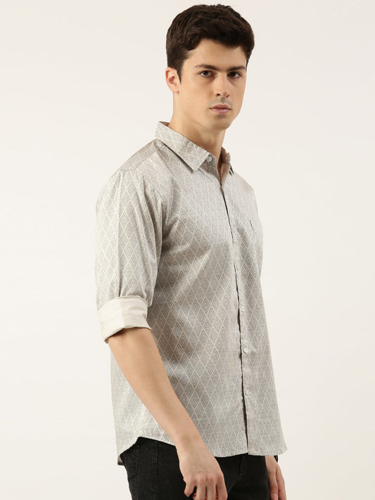 Men Off White Printed Pure Cotton Full Sleeve Casual Shirt