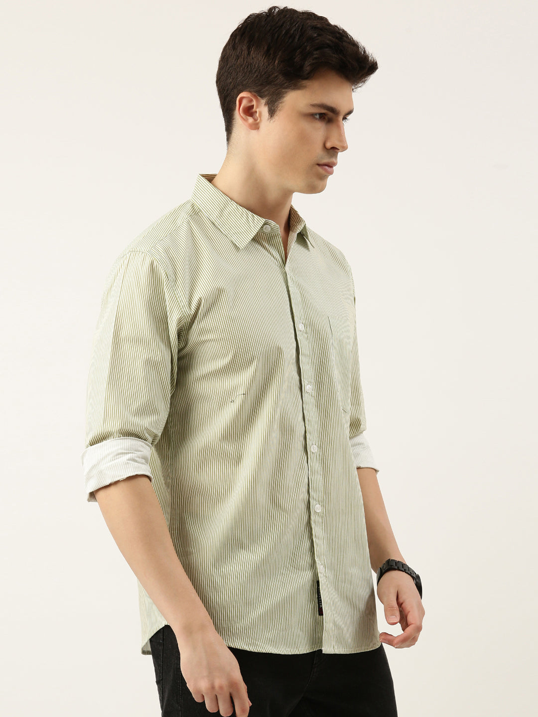 Men Olive Striped Pure Cotton Full Sleeve Casual Shirt