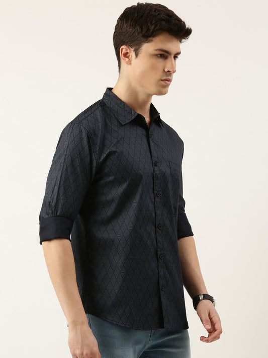 Men Navy Blue Printed Pure Cotton Full Sleeve Casual Shirt