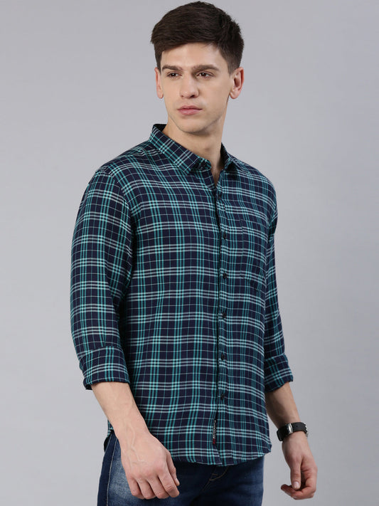 Men Navy Blue Checked Cotton Blend Casual Full Sleeve Shirt