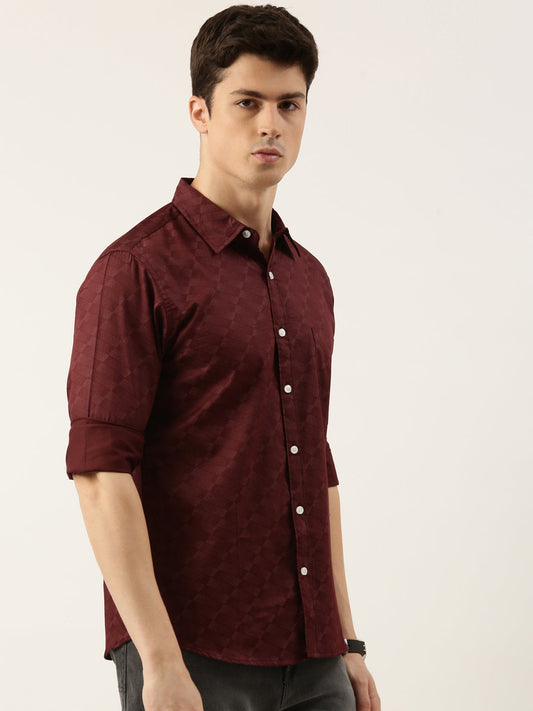 Men Maroon Printed Pure Cotton Full Sleeve Casual Shirt