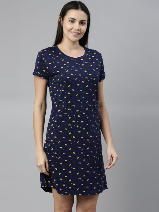 CURARE Women Printed Round Neck Navy Blue LongTees