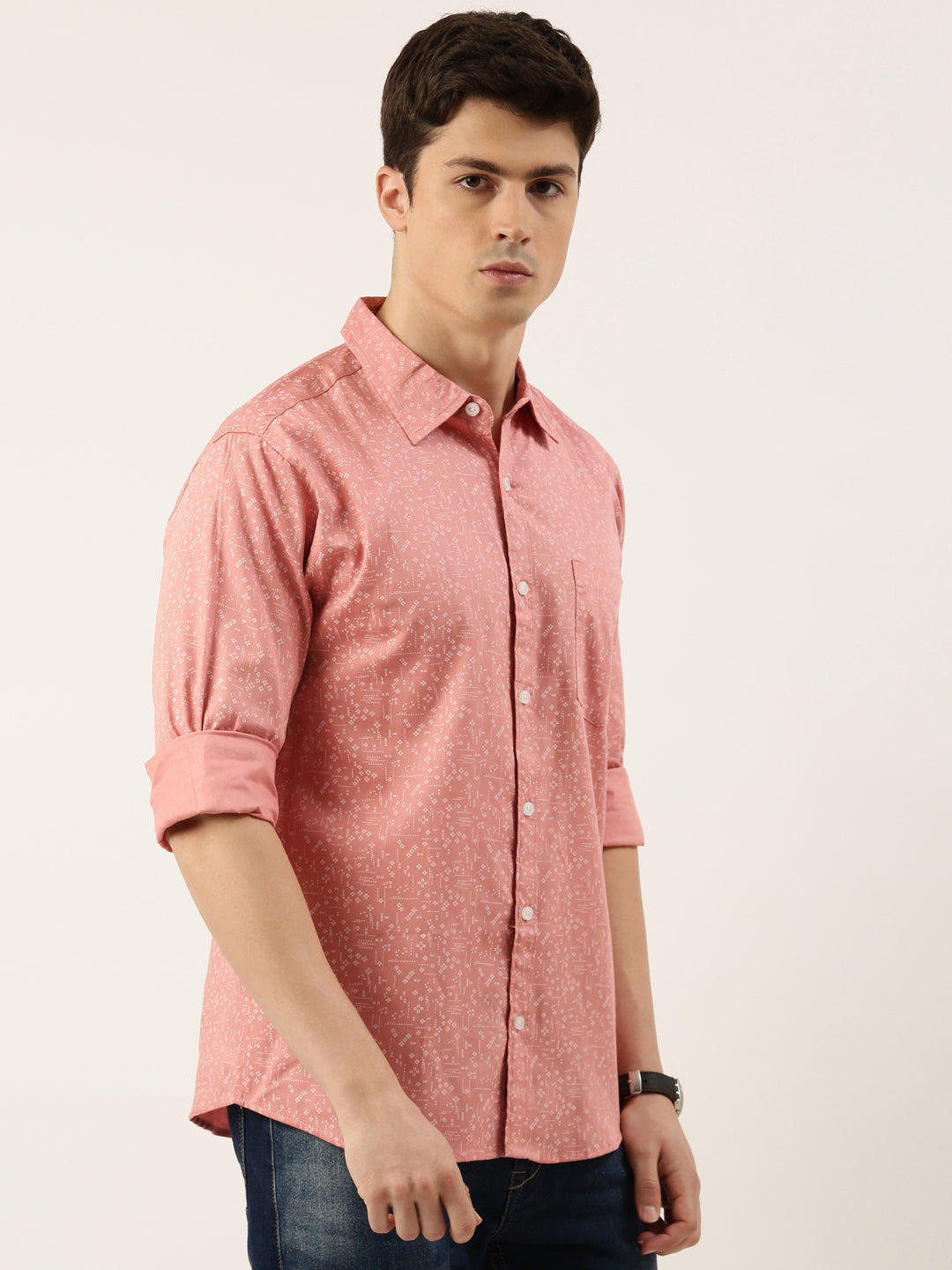 Men Pink Printed Pure Cotton Full Sleeve Casual Shirt