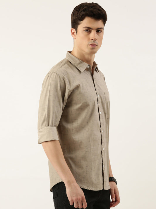 Men Beige Printed Pure Cotton Full Sleeve Casual Shirt