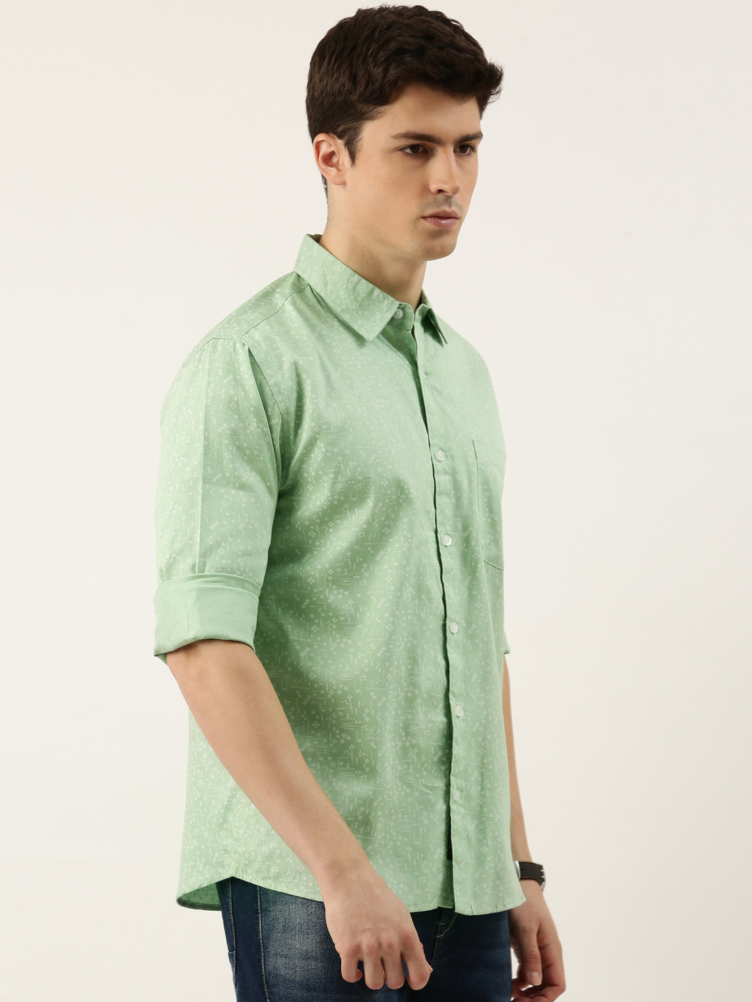 Men Light Green Printed Pure Cotton Full Sleeve Casual Shirt
