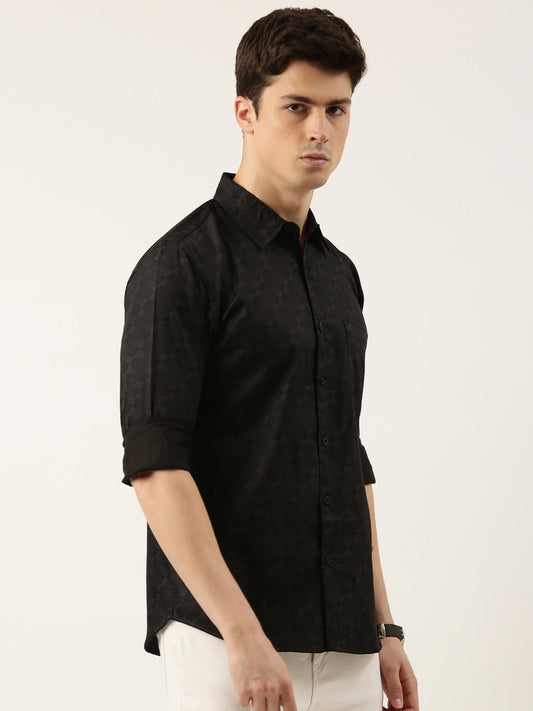 Men Black Printed Pure Cotton Full Sleeve Casual Shirt
