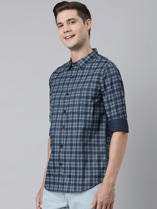 BROON Men Dark Blue Checkered Pure Cotton Full Sleeve Shirt