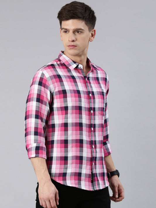 Men Pink and White Checked Cotton Blend Casual Full Sleeve Shirt