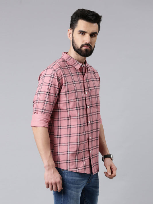 Pink Checked Pure Cotton Casual Full Sleeve Shirt