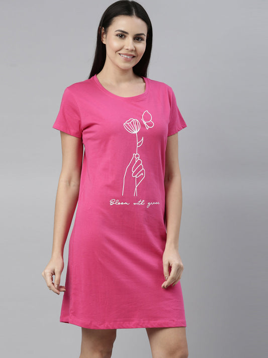 CURARE Women Printed Round Neck Fuchsia LongTees