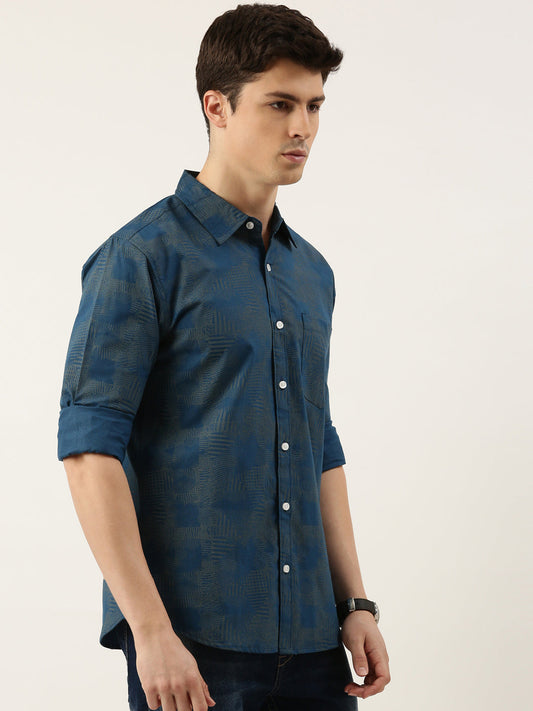 Men Dark Blue Printed Pure Cotton Full Sleeve Casual Shirt